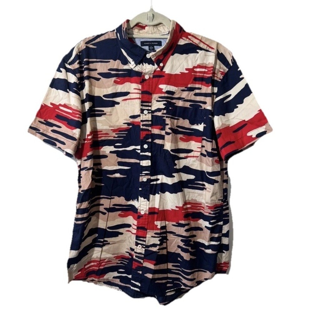 Tommy Hilfiger Men's XL Roman Camo Custom Fit Short Sleeve Button Up Cotton EUC